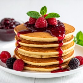 Protein Pancakes with Jam Fluffy high-protein pancakes topped with natural fruit jam