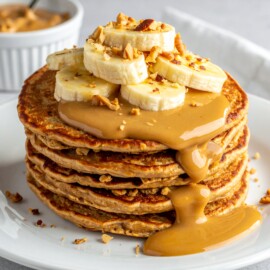 VEGAN PROTEIN PANCAKES WITH PEANUT BUTTER & BANANA_Our Vegan Protein Pancakes are mad
