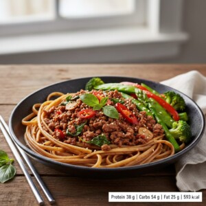Pad Kra Pao Beef with Whole Wheat Pasta